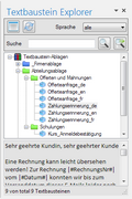 Sprachunterstützung: Das Filter ist auf 'alle' Sprachen eingestellt. Es werden alle Textbausteine angezeigt.